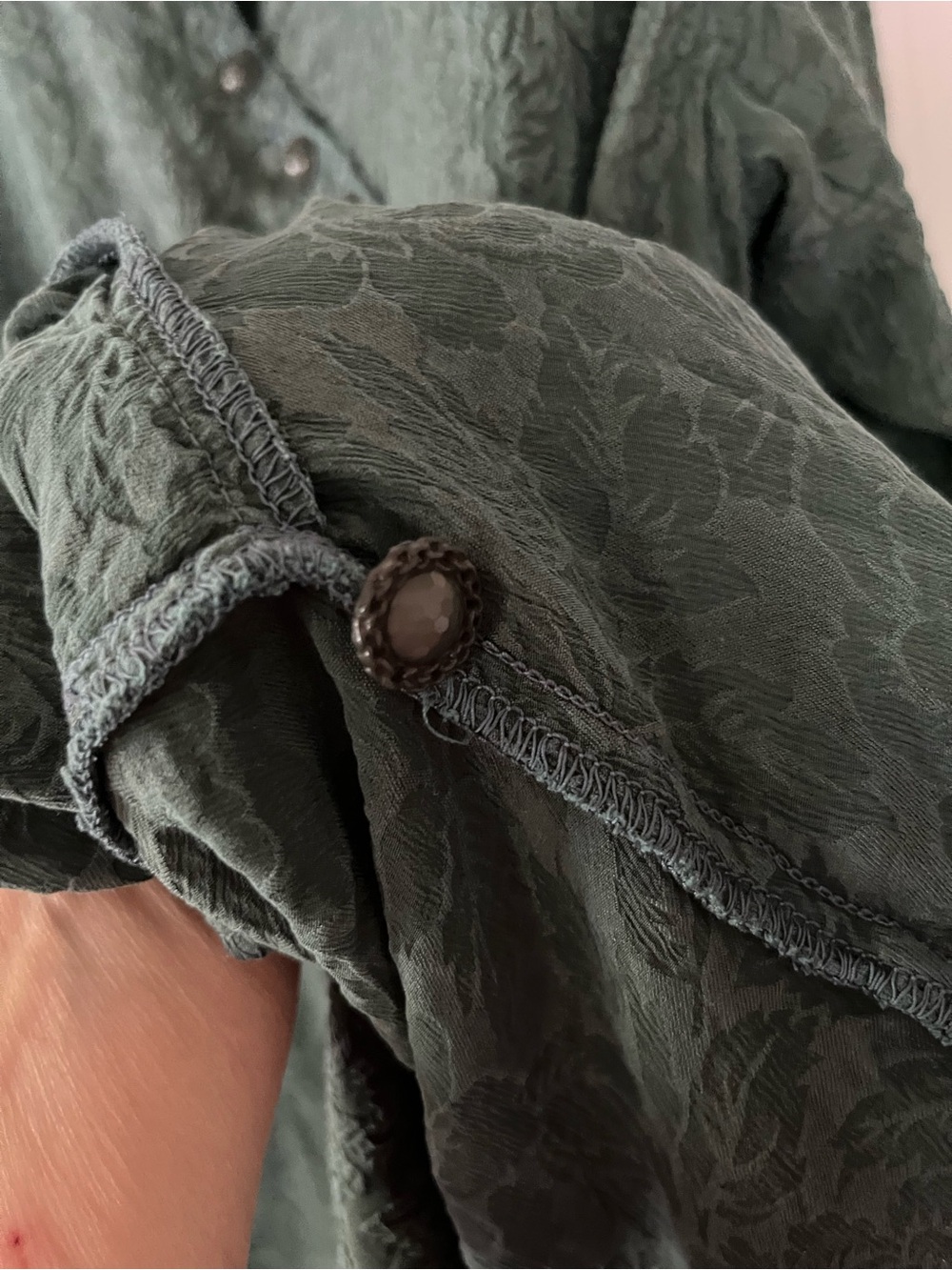 URU szXL Vintage-Style Textured 100% Silk Dark Green Button Front Dress/Duster - Picture 6 of 8